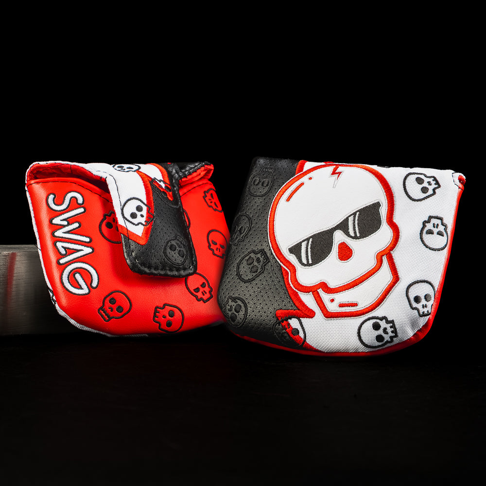 Red and black mallet cover featuring SWAG’s classic skull graphic, scattered mini-skulls, and contrast red-and-black stitching.