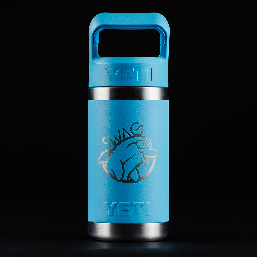 Swag x Yeti rambler jr 12oz stainless steel blue drink ware bottle.