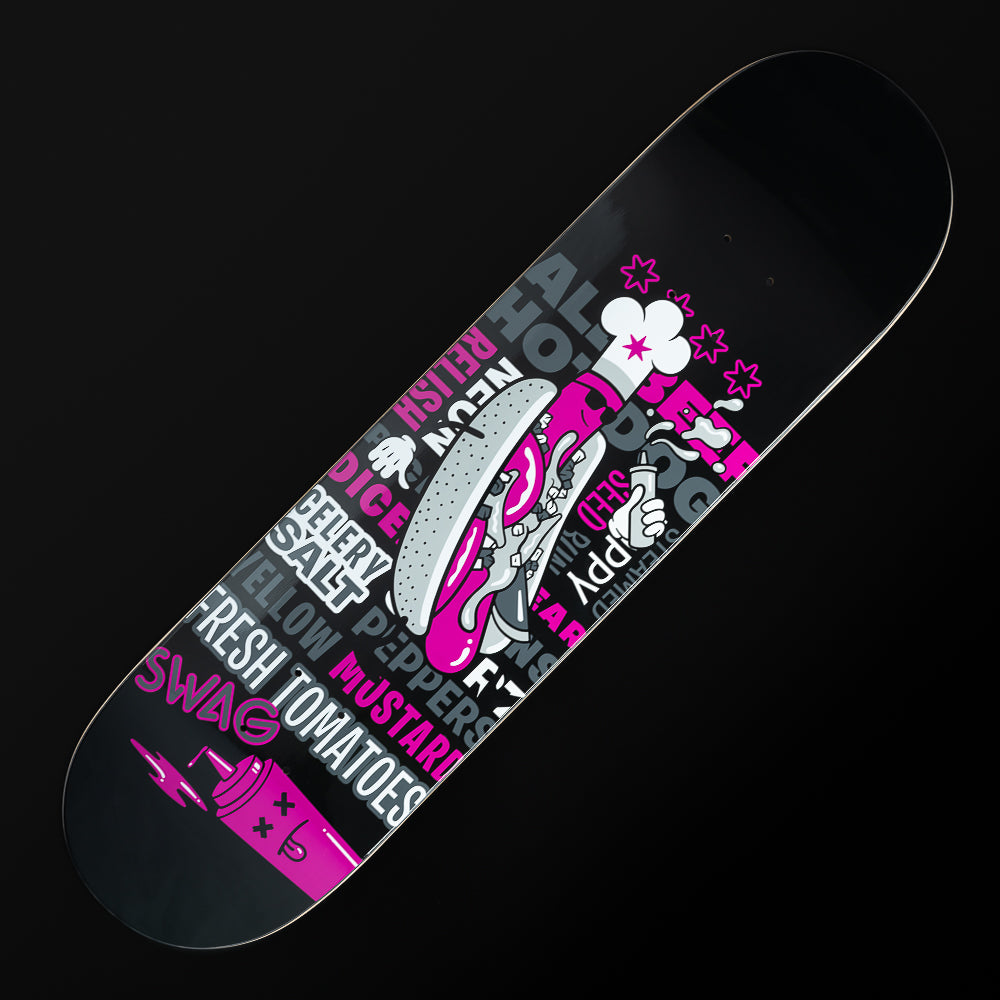 Swag Chicago style hot dog themed skateboard deck.