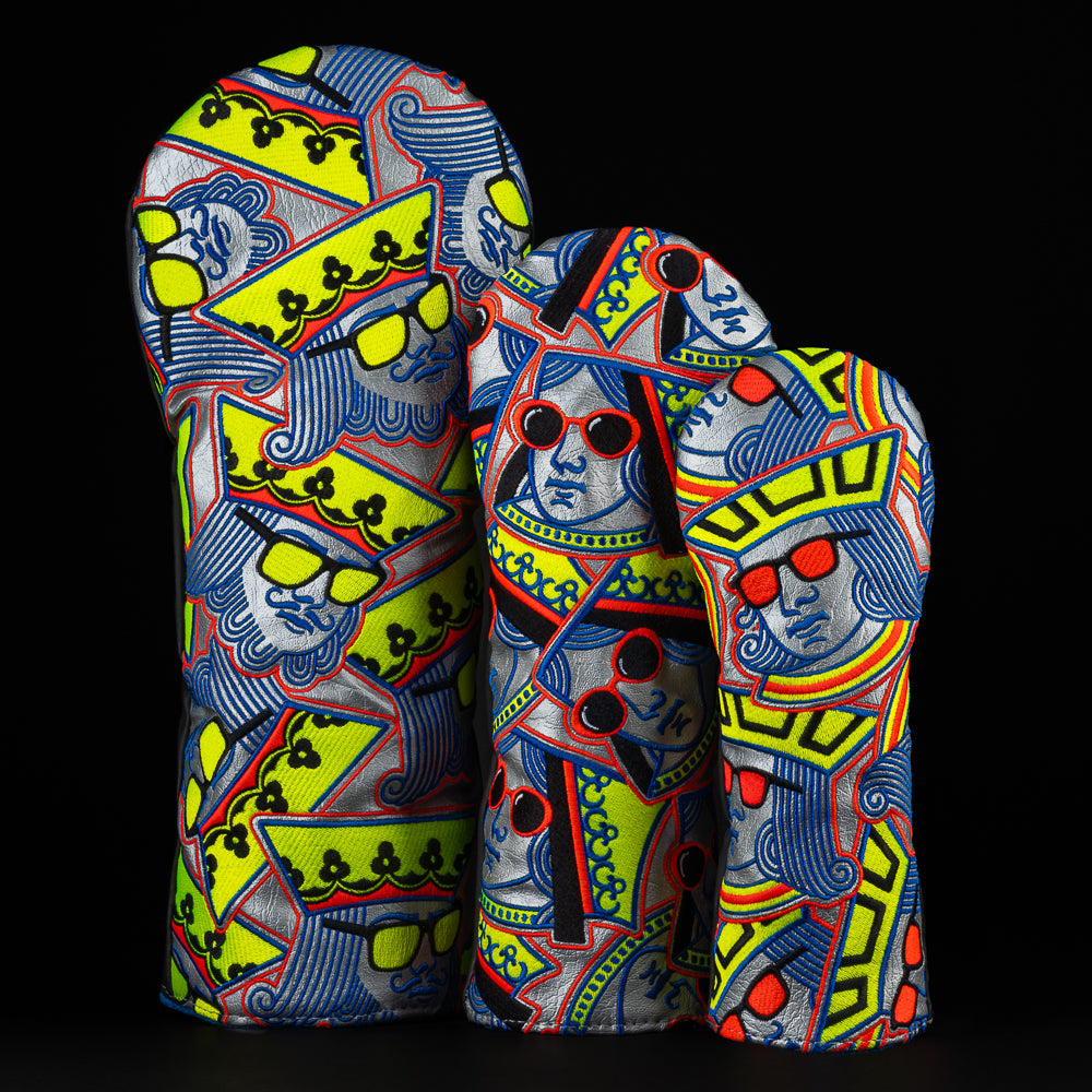 Swag stacked royalty wood headcover set including a king, queen, and jack in silver, yellow, blue and red.