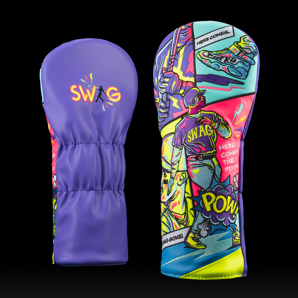 Colorful comic-style driver headcover featuring baseball swing, bright panels, and “Here Comes the Kid” text.