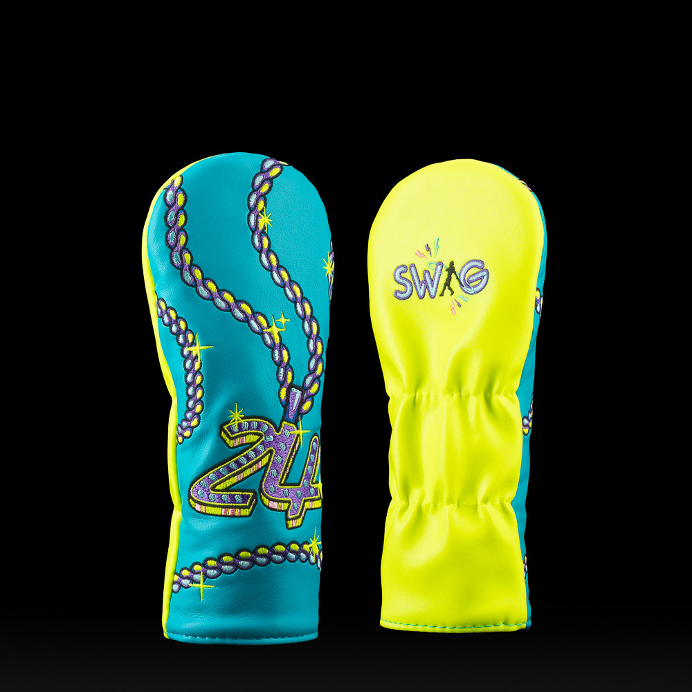 Ken Griffey Jr. hybrid headcover with neon chain and sparkling 24 pendant on teal background.