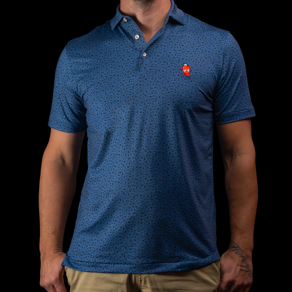 Blue Peter Millar holiday themed patterned men's performance golf polo shirt with a red ornament skull logo.