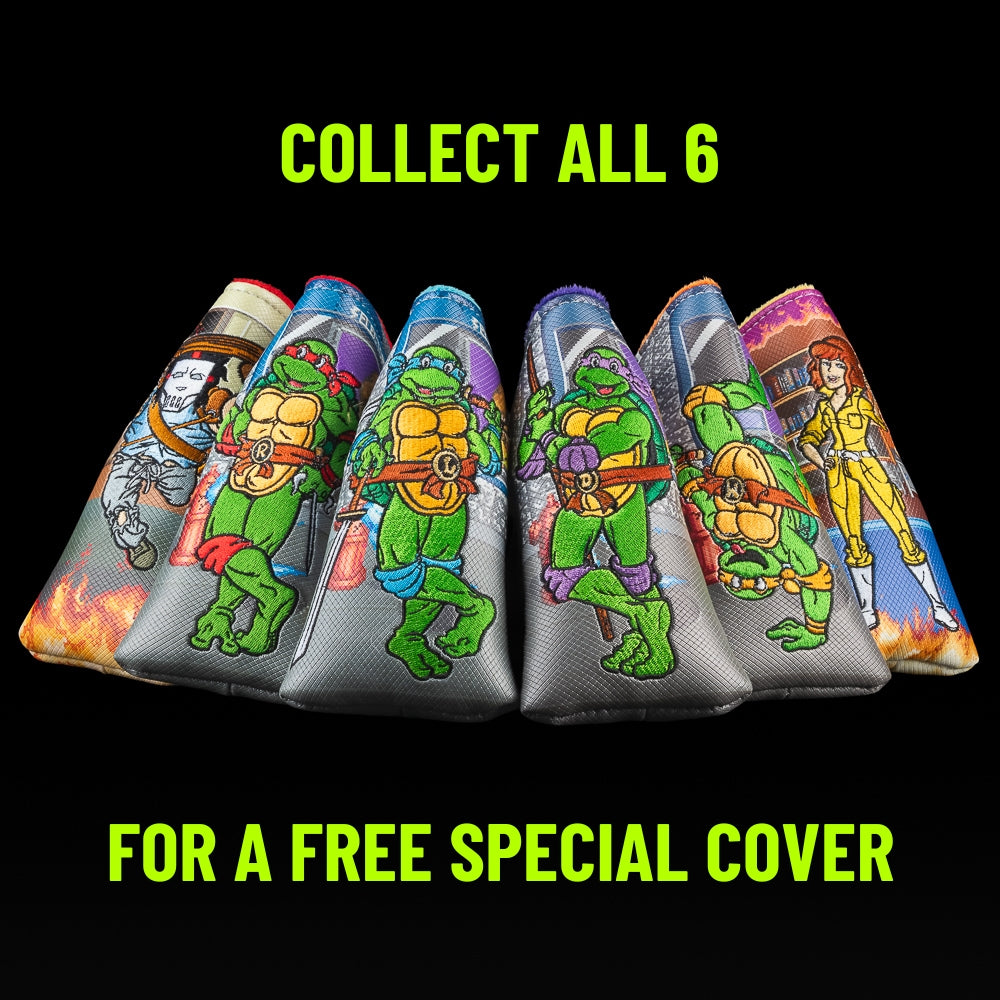 Randomly sold officially licensed TMNT blade golf headcovers featuring Leonardo, Donatello, Raphael, Michelangelo, April O’Neil, or a villain in video game style. Collect them all and win a free prize.