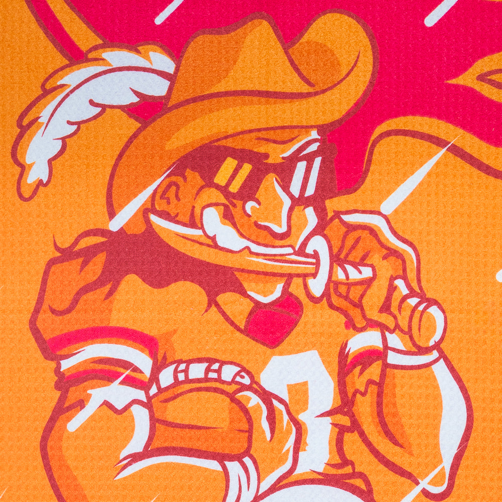 Orange golf towel with NFL Tampa Bay Buccaneers mascot character and 'GO BUCS' text on a black background.