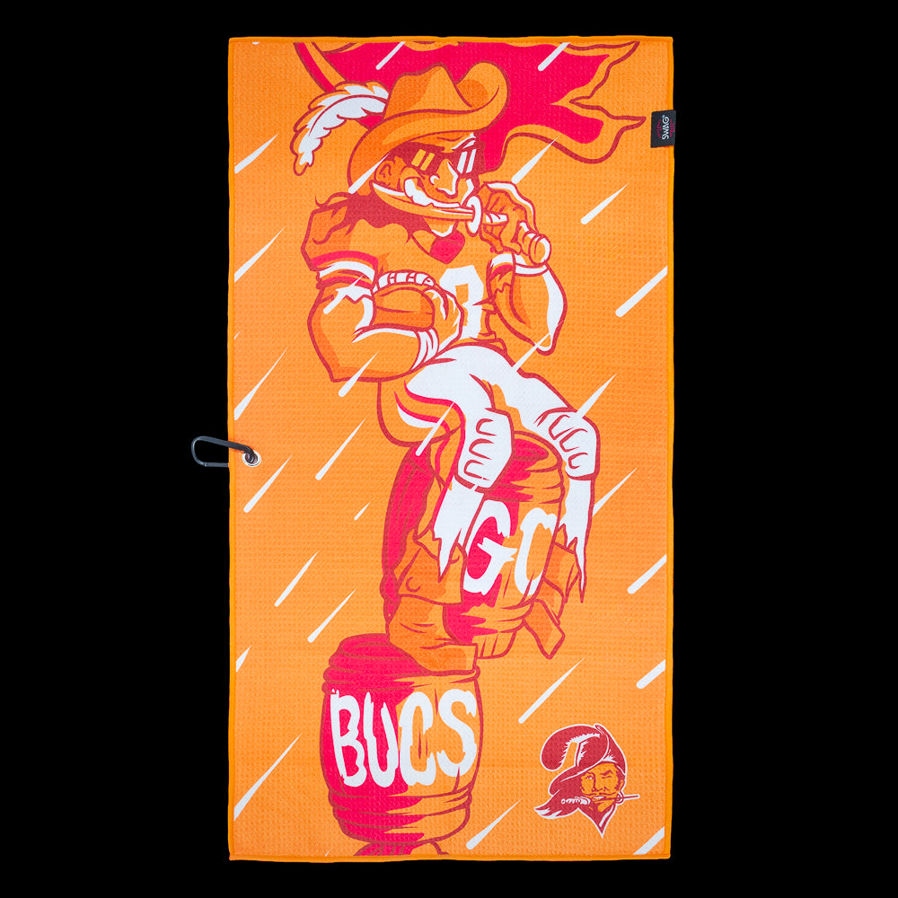 Orange golf towel with NFL Tampa Bay Buccaneers mascot character and 'GO BUCS' text on a black background.