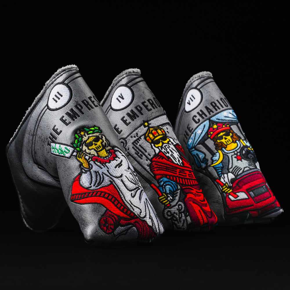 Tarot card themed gray and red blade putter golf head cover made in the USA.