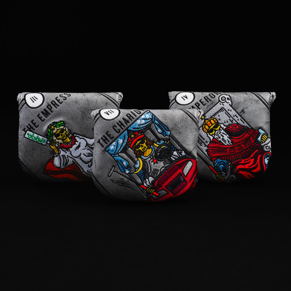 Tarot card themed gray and red mallet putter golf head cover made in the USA.