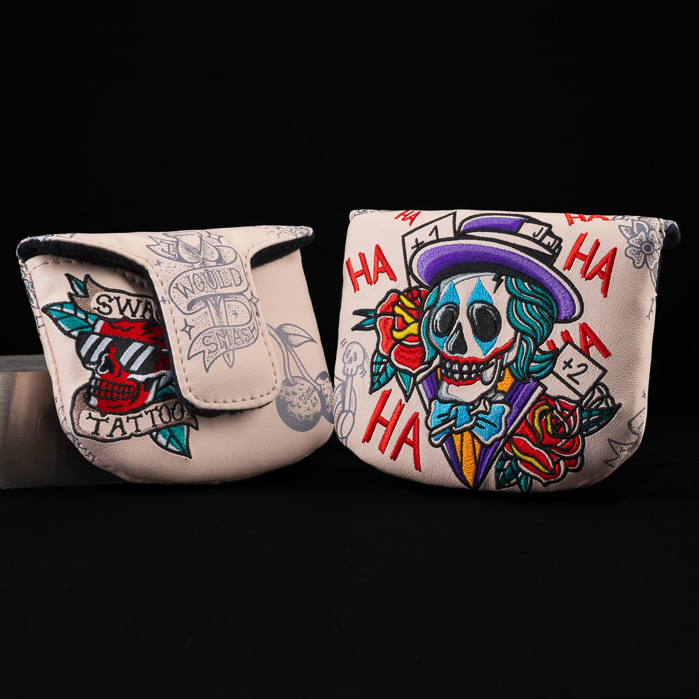 SWAG Tattoo Shop Why So Serious Mallet Cover with skull jester, roses, and tattoo flash design.