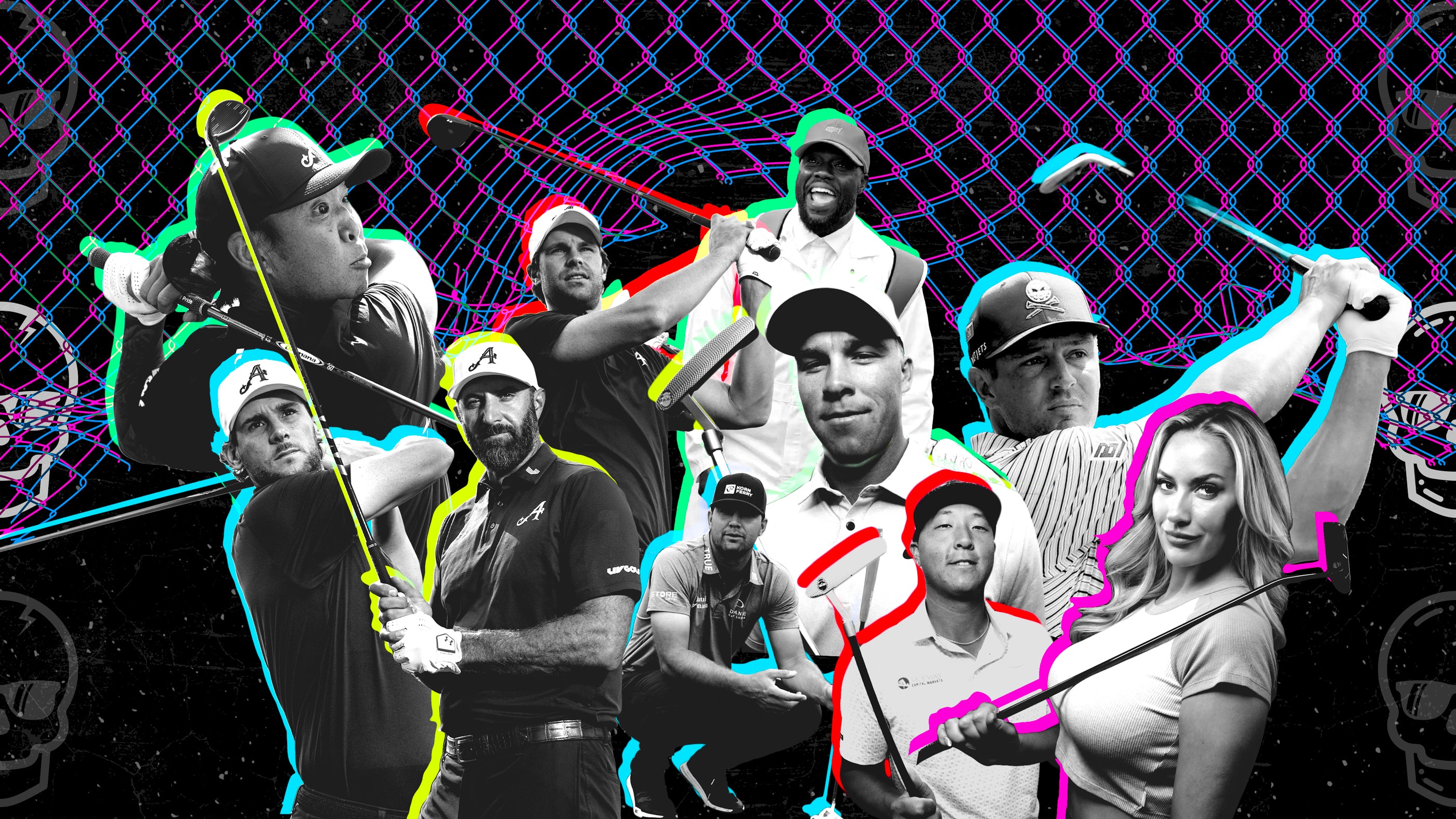 SWAG Golf Team SWAG PGA Tour Pros and brand ambassadors featuring Bryson DeChambeau, Kevin Hart, The 4Aces: Anthony Kim, Dustin Johnson, Thomas Pieters, Thomas Detry, Nick Hardy, John Pak, Taylor Montgomery, and Paige Spiranac.