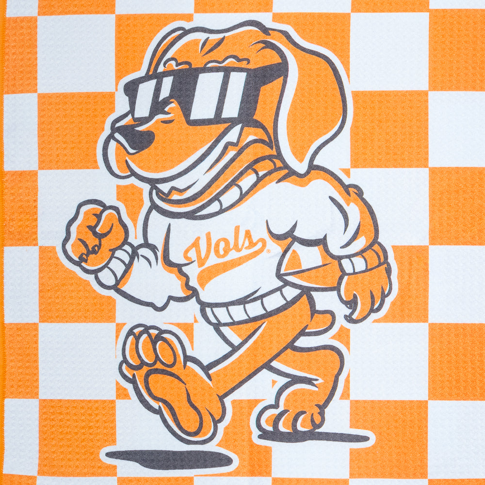 Orange Tennessee Volunteers golf towel with Power T logo, checkerboard pattern, and Smokey mascot graphic