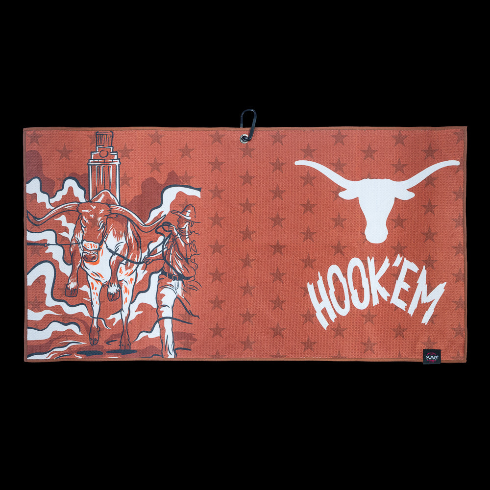 University of Texas Longhorns golf towel with bull and longhorn design on a red background, featuring 'Hook'em' text.
