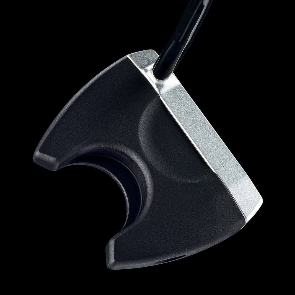 SWAG Golf The Vandal Too fang style MOI golf putter made from 303 stainless steel and 6061 aluminum with electric blue "The Vandal too" text on the sole.