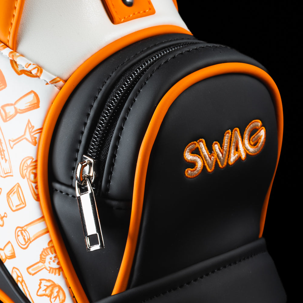 Close-up of the SWAG Golf Tito's Bottle Caddy black top pocket with embroidered SWAG logo.