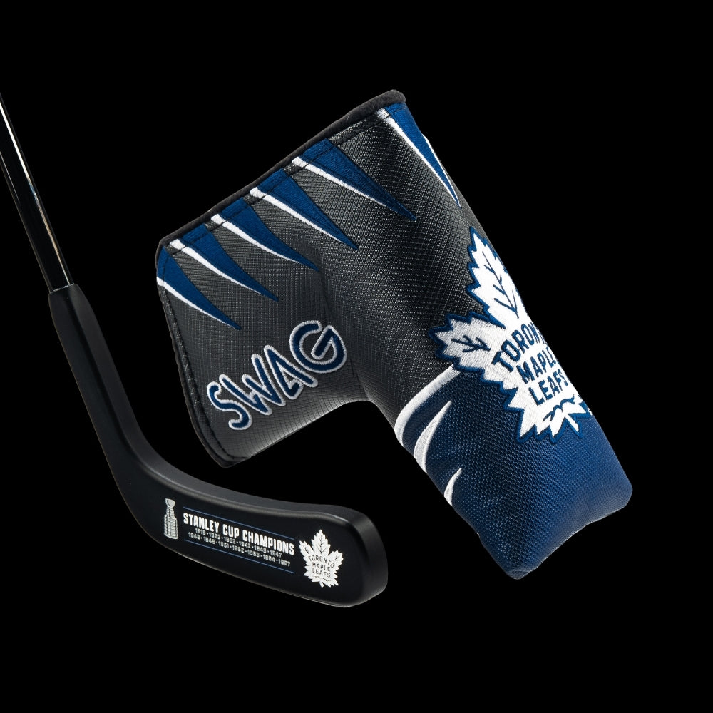 Golf putter headcover with Toronto Maple Leafs and Swag' branding on a black background