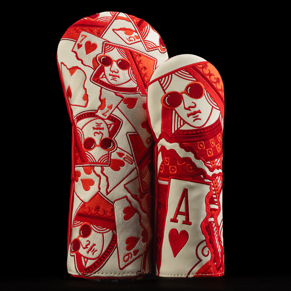SWAG Golf Queen of hearts red and white two-piece driver and fairway golf headcover set.