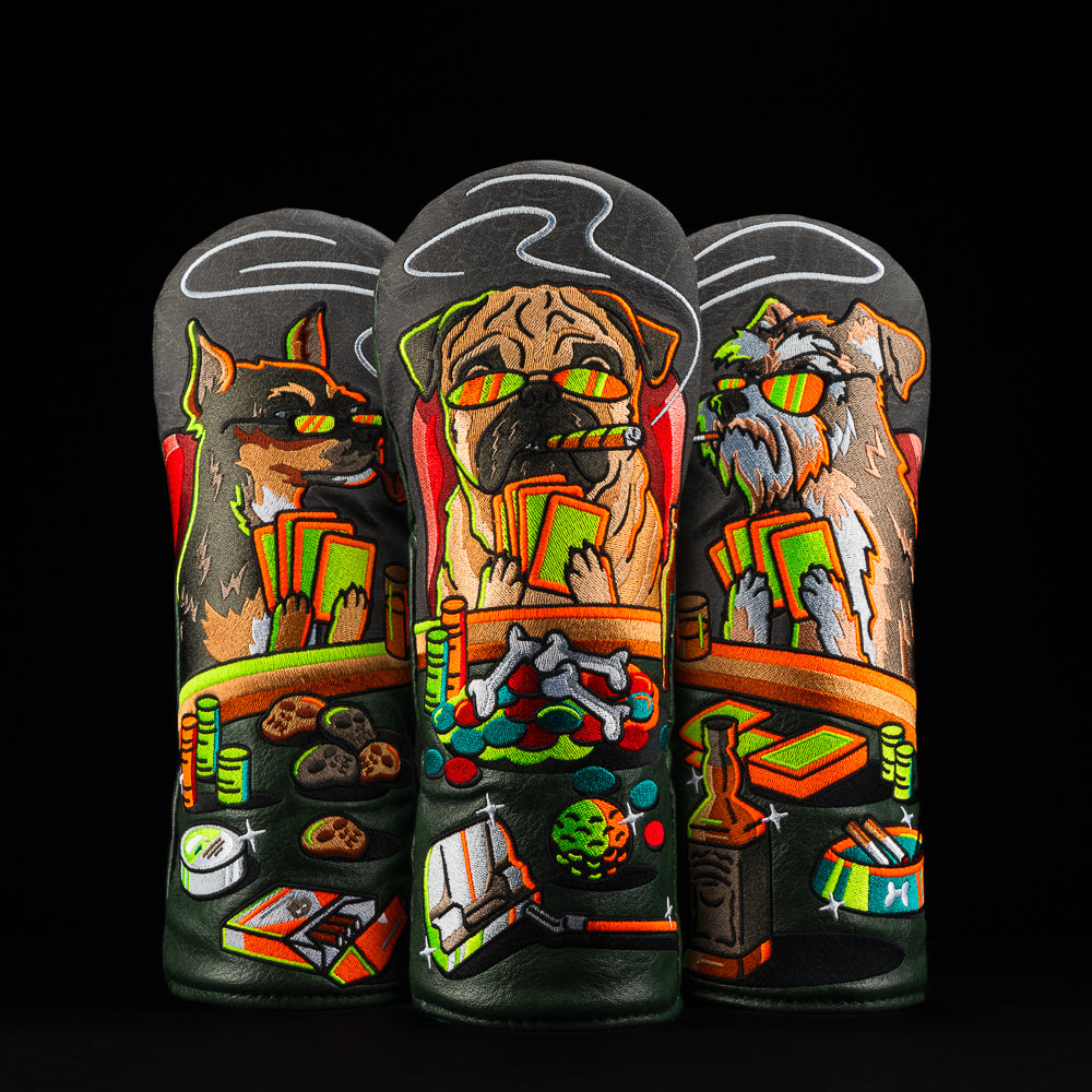 Bad Dogs 2.0 golf fairway wood head covers featuring poker-playing dogs with cards, chips, and smoke-filled Vegas vibes.