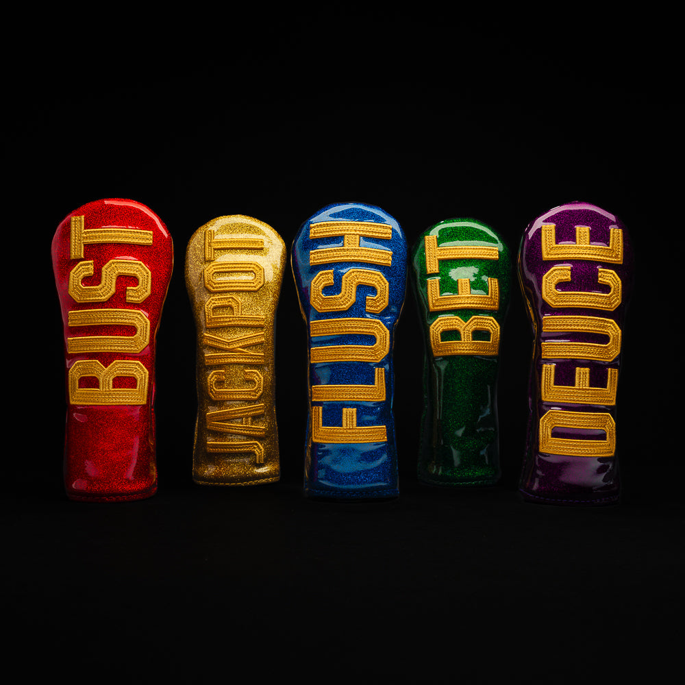 Casino Small Talk Hybrid golf headcovers with casino and gambling jargon on a bold glitter material with SWAG style.