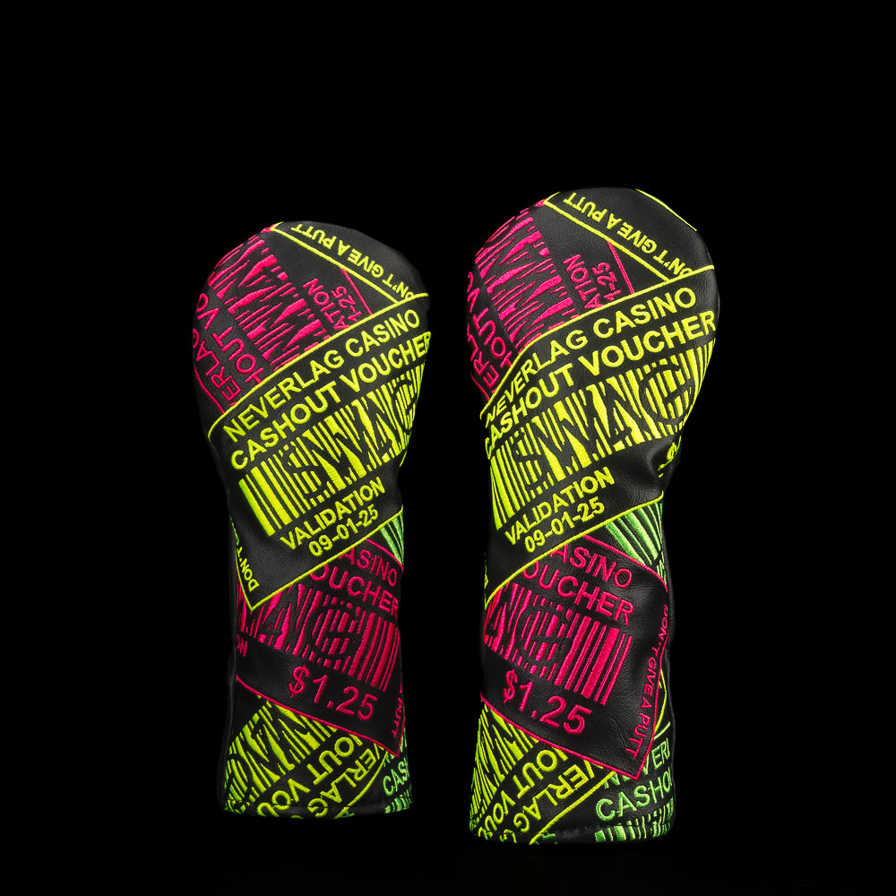 Cashout Voucher Hybrid golf headcover with neon casino ticket design and bold SWAG style.
