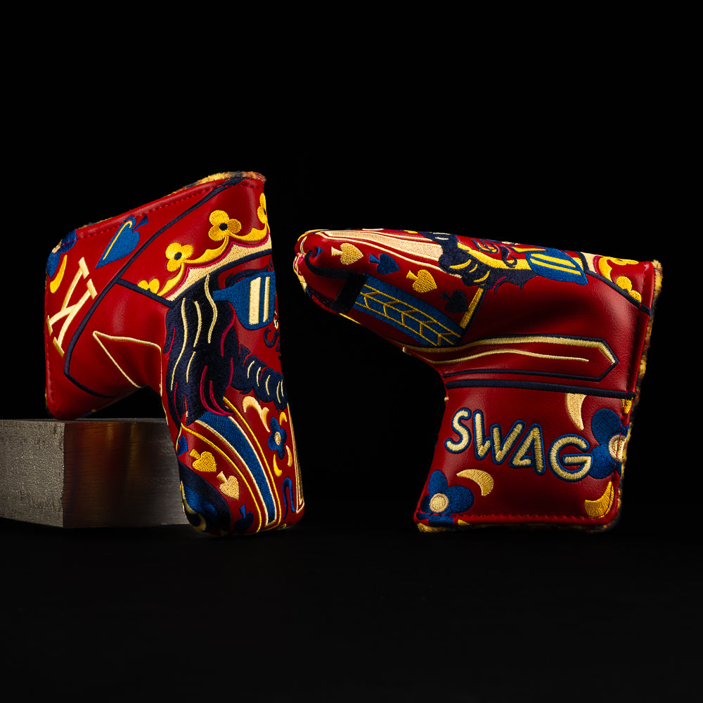 Vibin’ King blade putter golf headcover in Maroon with King design wearing sunglasses.