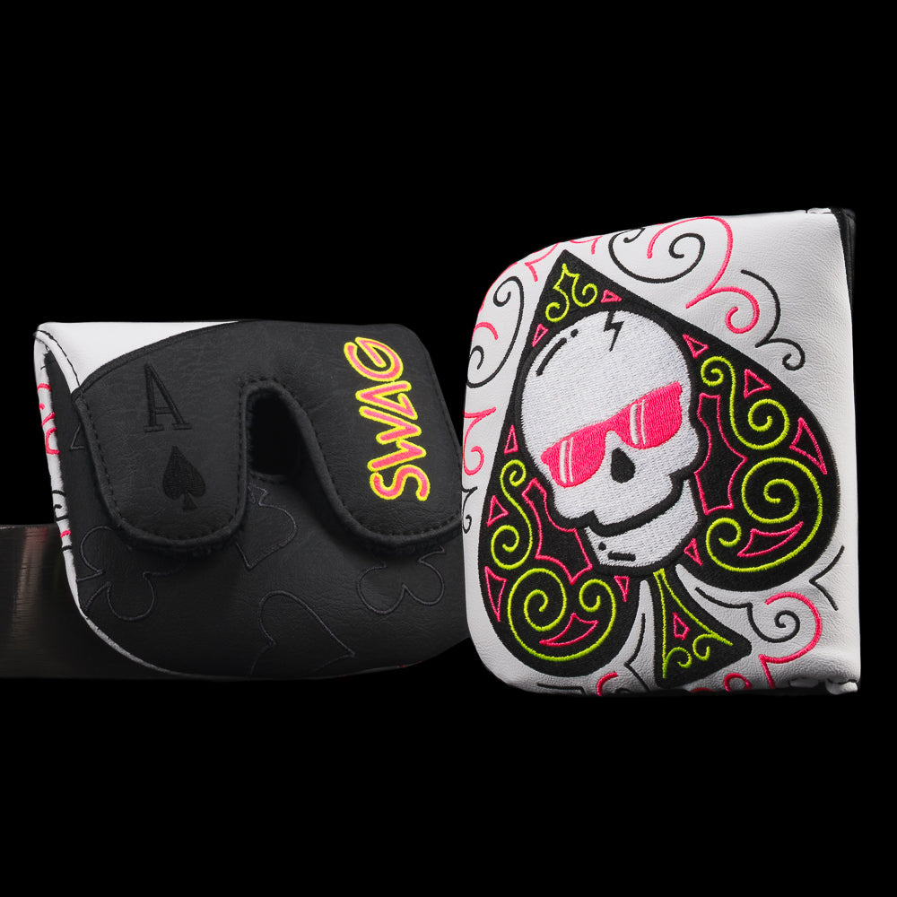 SWAG Classics Ace Center Shaft XL Mallet golf headcover with skull spade design in neon pink, lime, and bold SWAG style.