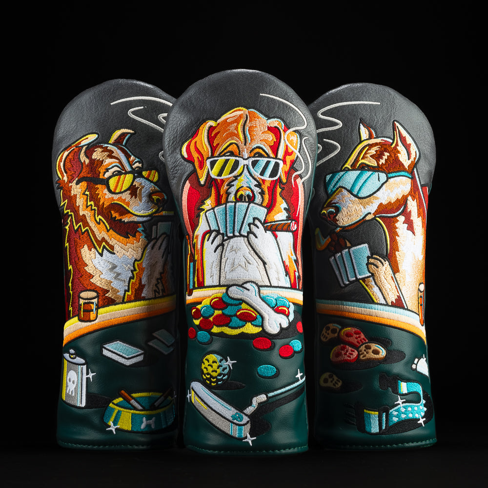 Bad Dogs Club fairway golf headcover with scene of dogs playing poker smoking cigars in green, yellow, brown, black, red and blue color way.