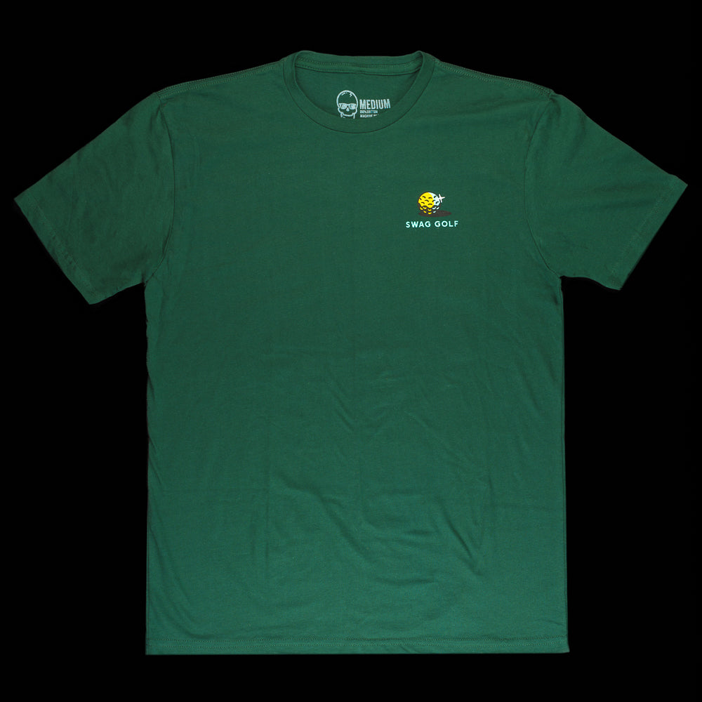 Green Bad Dog Club green t-shirt with yellow golf ball and teal SWAG golf.