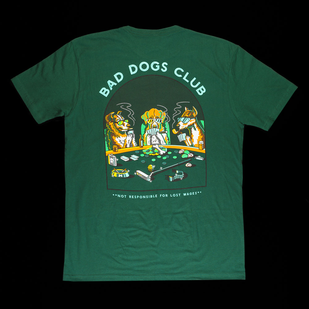 Scene of Bad Dogs Club in sunglasses playing poker and smoking in green, yellow and brown.