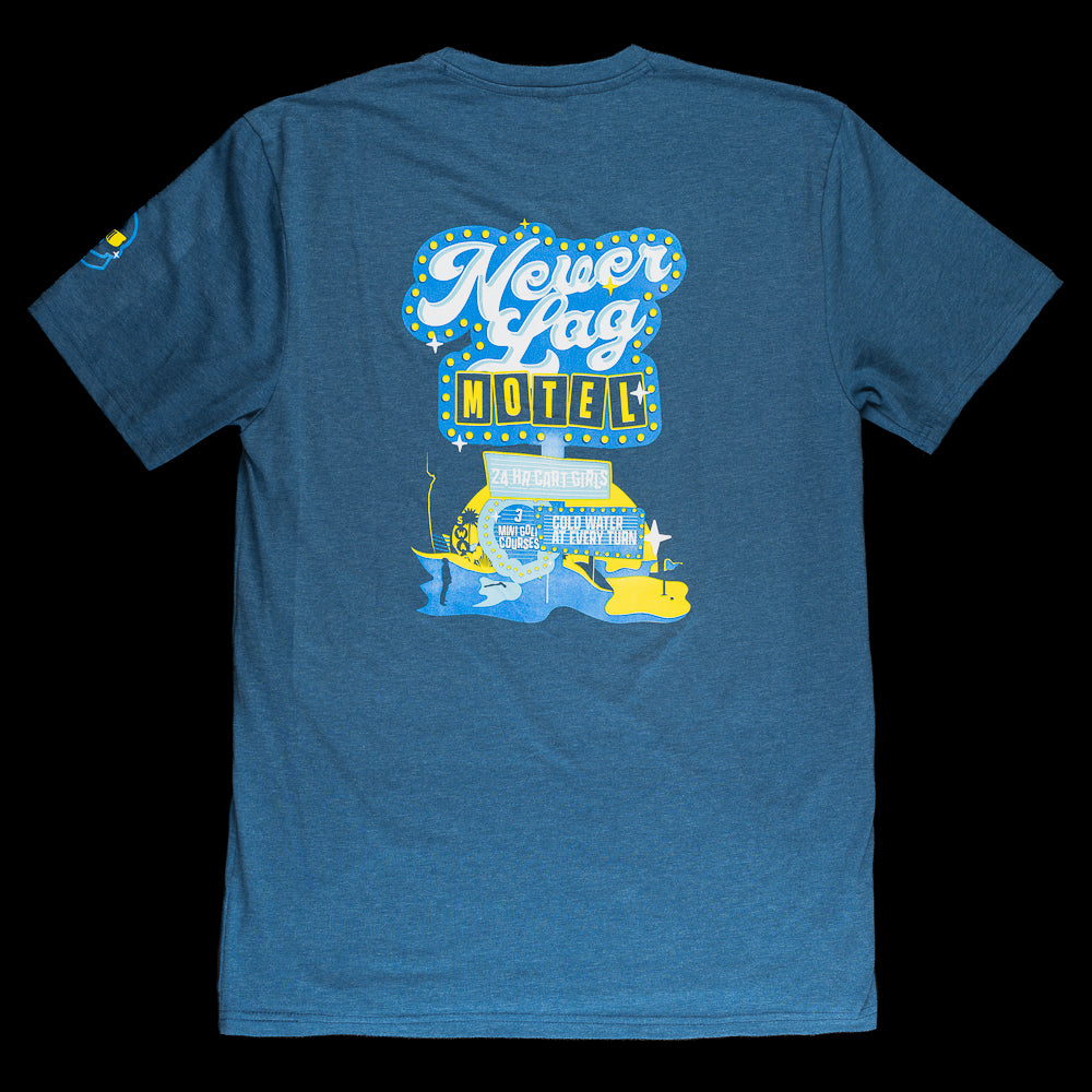 Blue Never Lag Motel mini golf scene in yellow and blue.