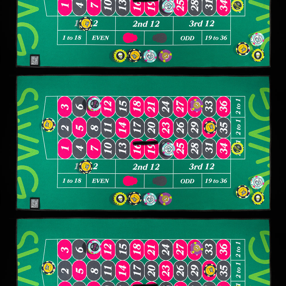 Green Swag Players Towel with the roulette table scene in green, red and black.