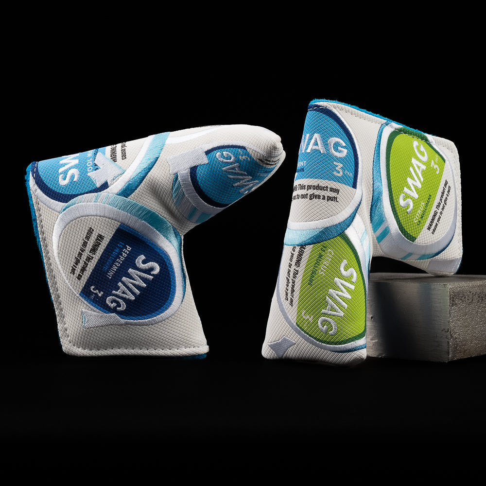 SWAG Golf stacked lip pillows blade golf headcover with white, blue and green design.