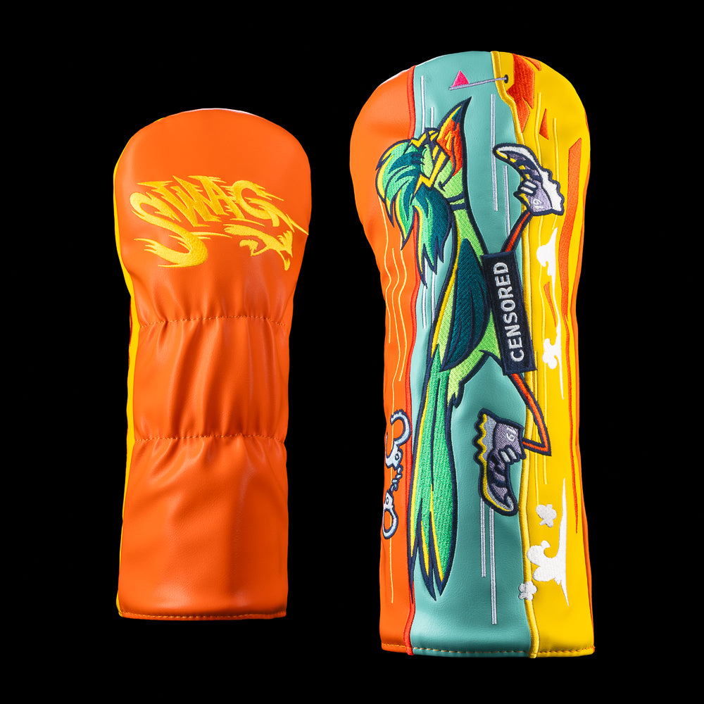 SWAG Golf 19th Hole Streaker driver headcover featuring a running character graphic with bold orange and teal design. Featuring an Orange back with moving SWAG logo.