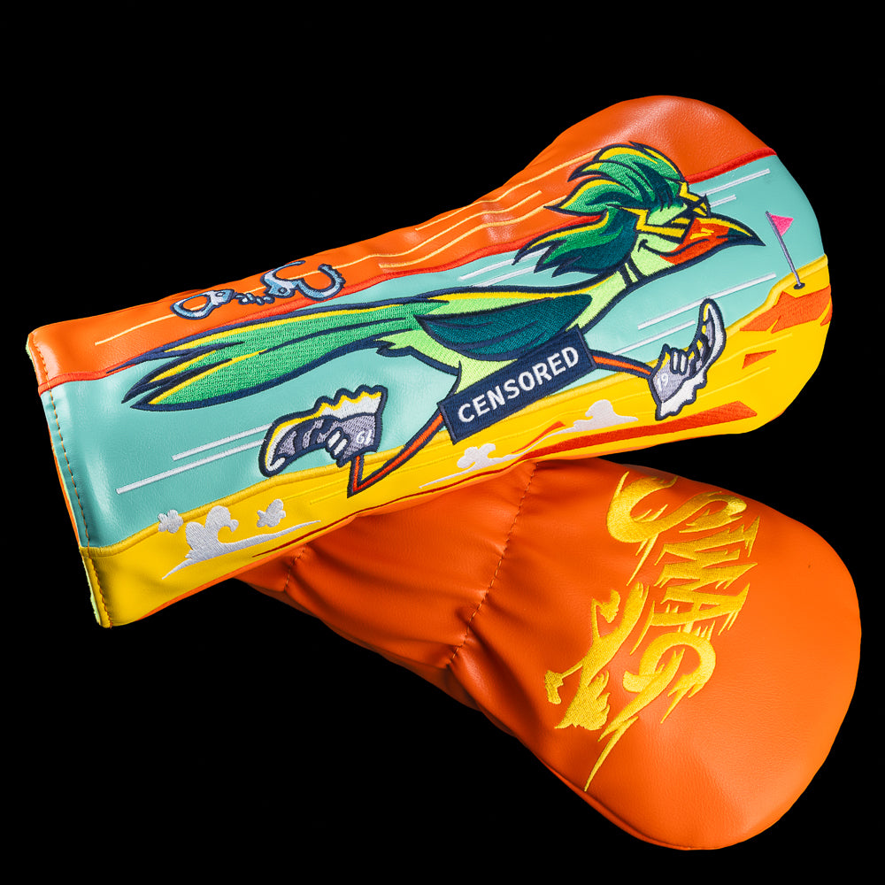 SWAG Golf 19th Hole Streaker driver headcover featuring a running character graphic with bold orange and teal design. Featuring an Orange back with moving SWAG logo.