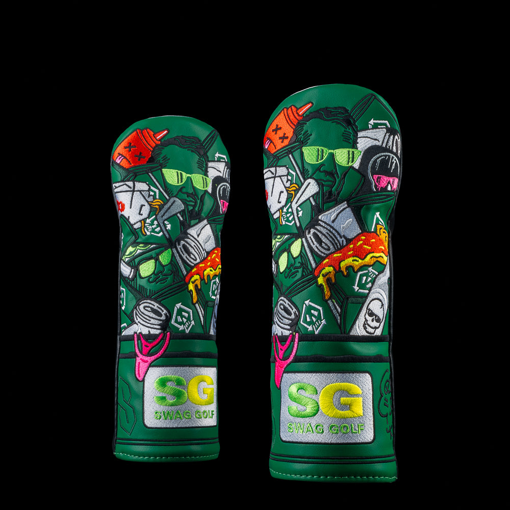 SWAG Golf Dumpster fairway headcover featuring overflowing dumpster artwork with bold green graphics and SWAG branding
