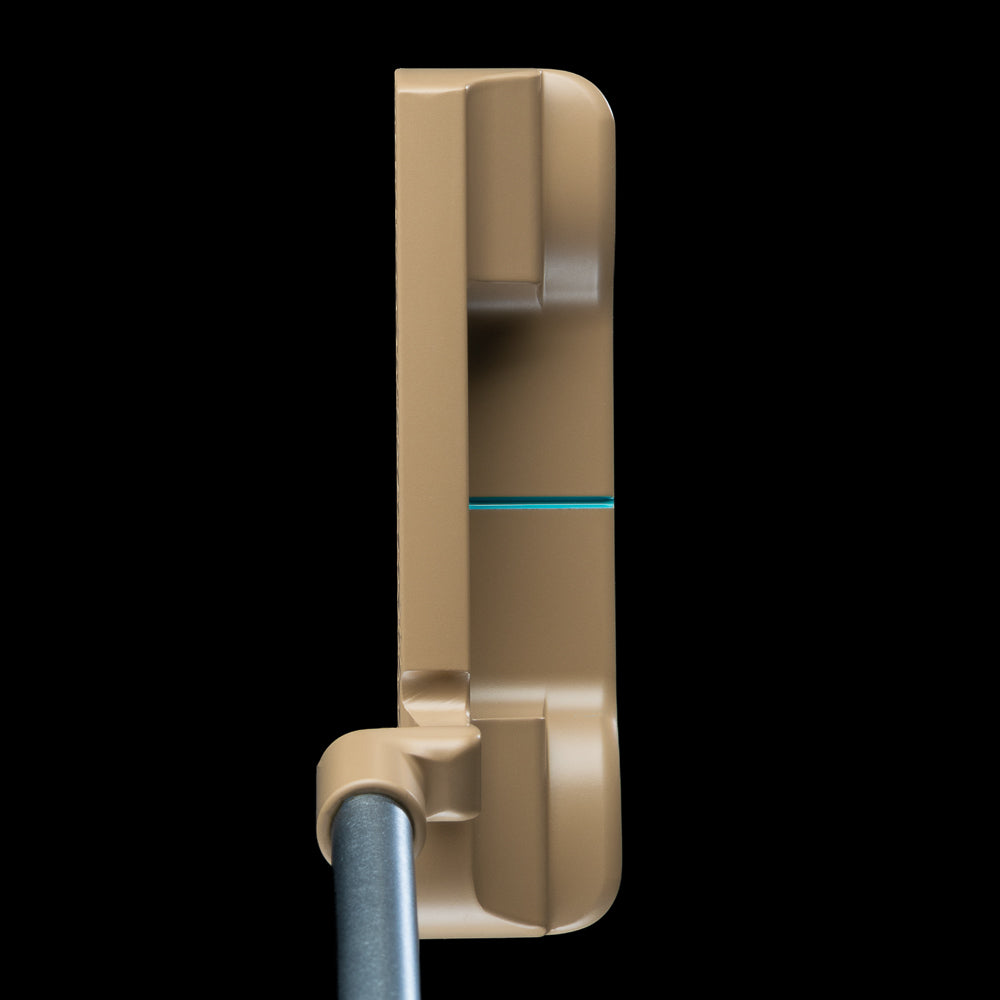 SWAG Golf Handsome One limited edition beige cerakote finish golf putter with a teal snake design and matching headcover.