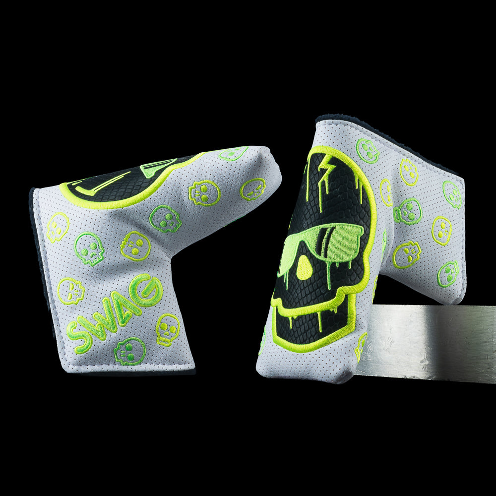 SWAG Golf WM Dripping Skull 2.0 blade cover featuring neon green dripping skull artwork on a light skull patterned background and SWAG branding