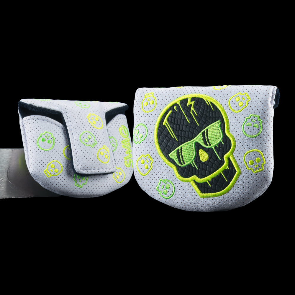 SWAG Golf WM Dripping Skull 2.0 Boss Mallet cover with neon green dripping skull artwork, patterned background, and SWAG branding.