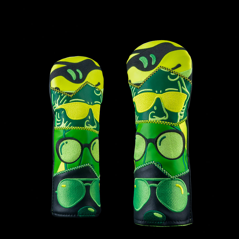SWAG Golf WM Peeper fairway cover with patchwork eyes and sunglasses graphics from iconic characters in neon green tones.