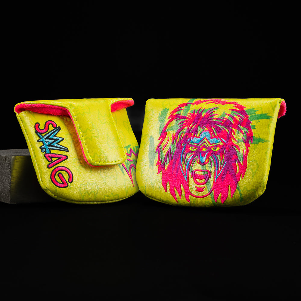 WWE x SWAG Golf official The Ultimate Warrior overprint yellow and neon pink mallet golf headcover.