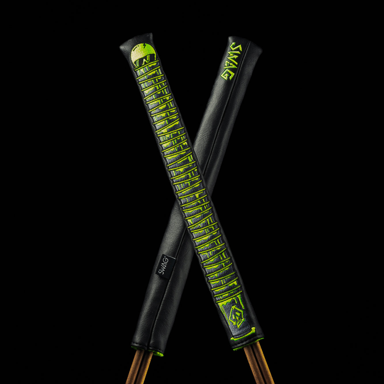 SWAG Golf WM stacked cups black and neon green alignment sticks cover made in the USA.