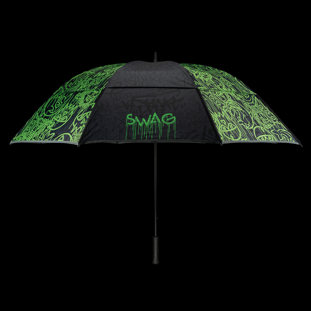 Weatherman golf umbrella with green and black design and SWAG text on a black background.
