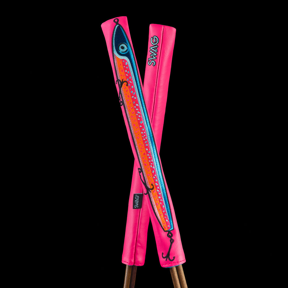 Pink musky lure alignment stick cover with ice fishing inspired graphics and SWAG branding.