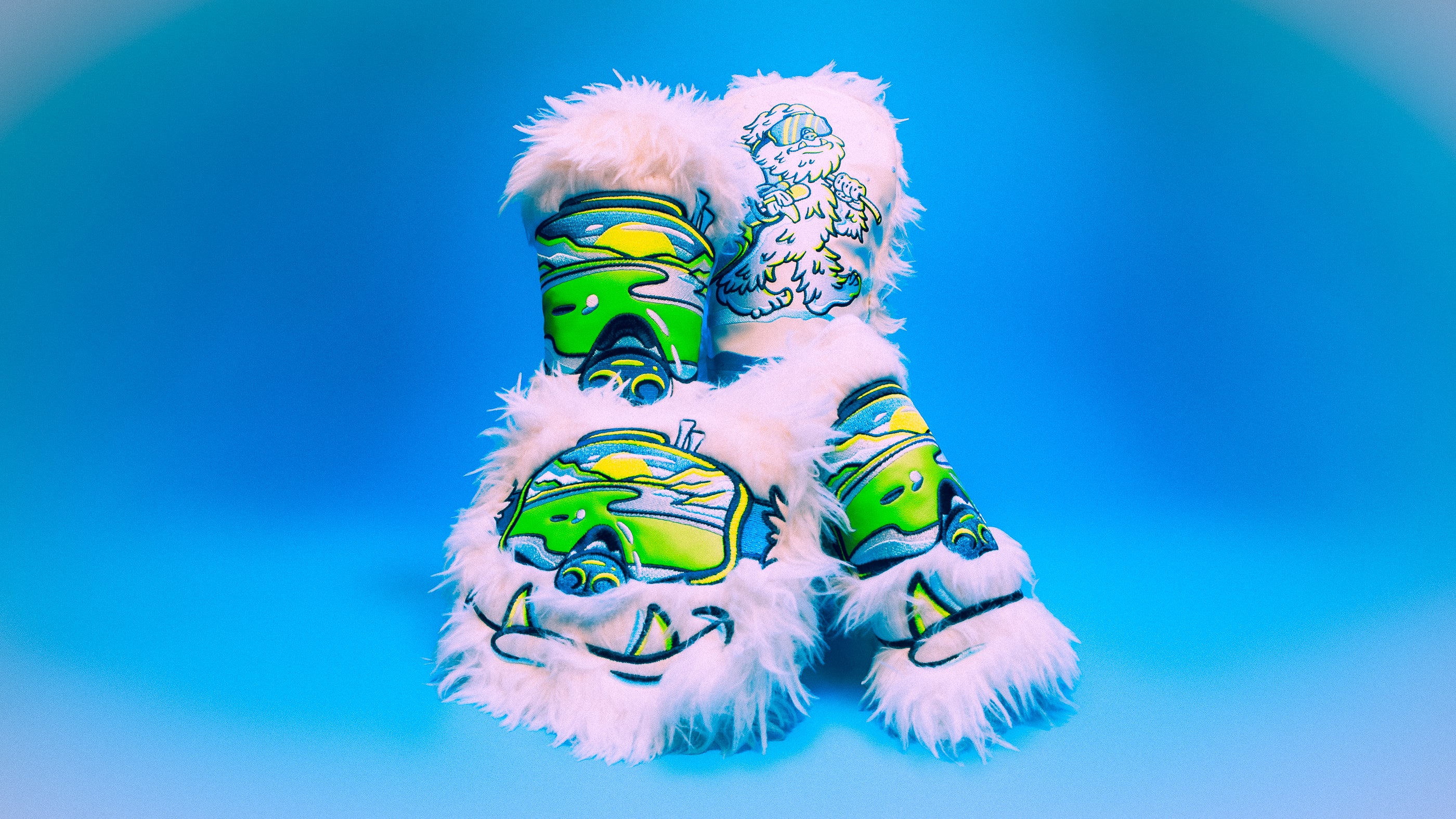 SWAG Golf Winter themed limited edition mini collection featuring ice fishing and yeti themed golf headcovers and accessories.