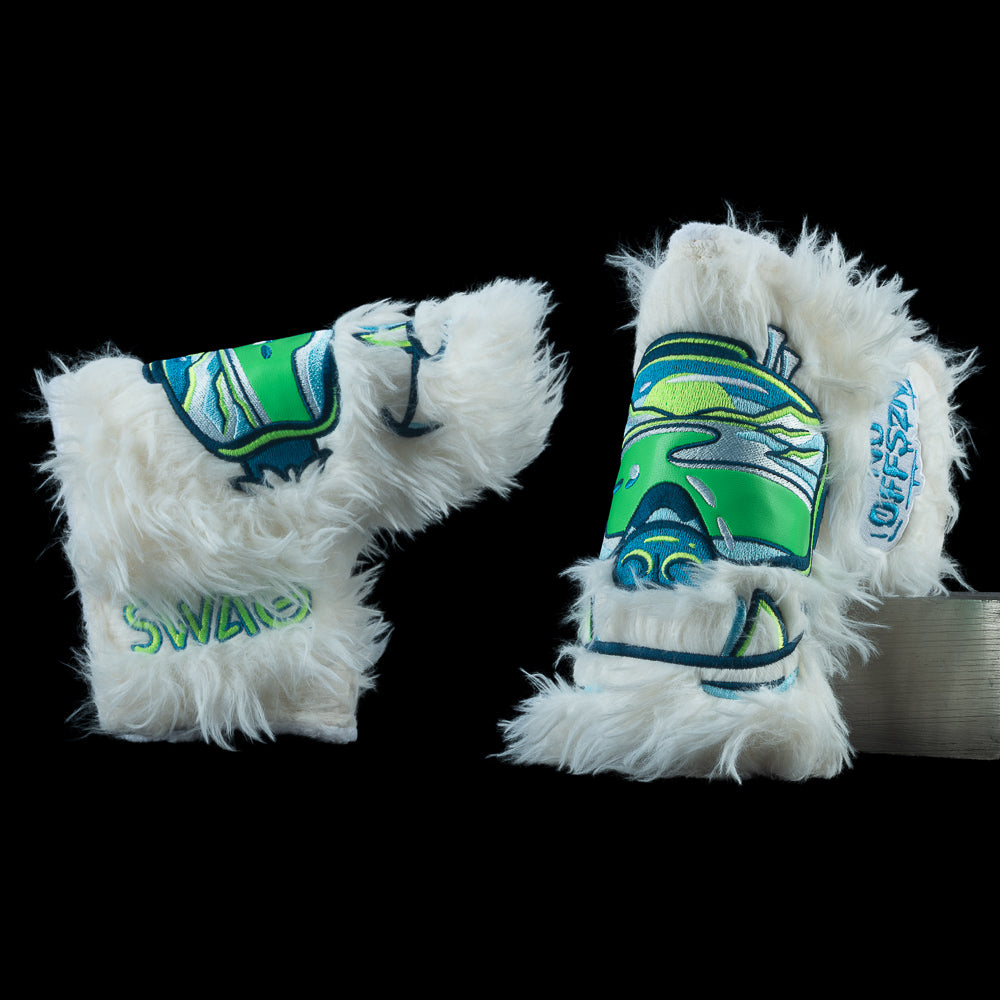 White shag blade putter cover with No Offszn graphics and green and blue accents.