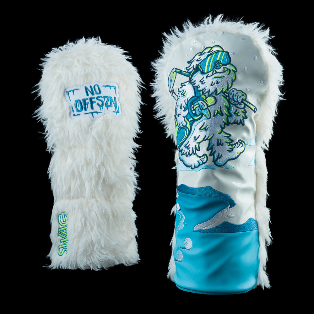White shag driver headcover with No OffSZN graphic with icy blue and green tones and details.