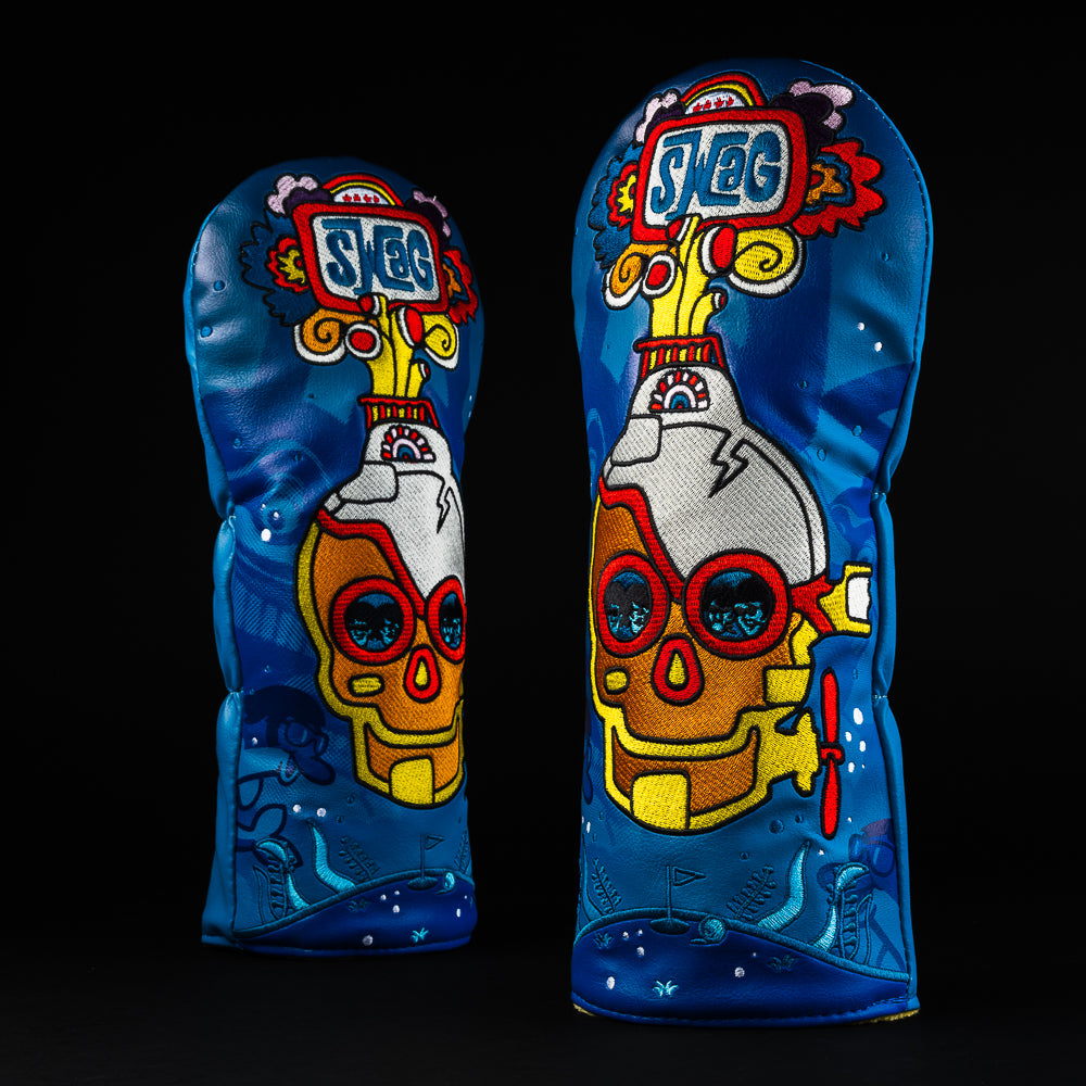 Yellow Swagmarine blue, yellow, orange and red driver golf head cover made in the USA.