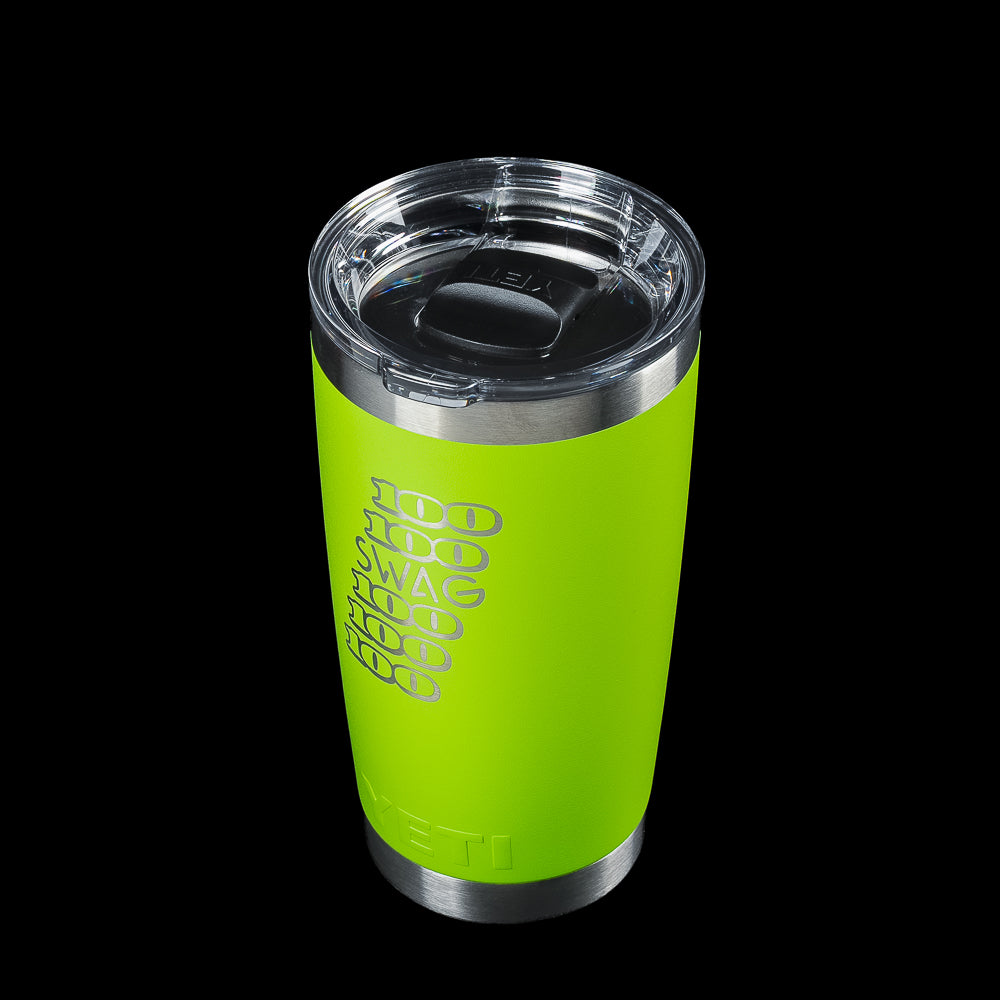 Angled view of the SWAG Golf x YETI Rambler 20 oz tumbler featuring the iconic "100 100 SWAG 100 100" graphic in Venom Green with a MagSlider lid.