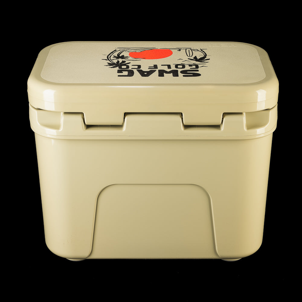 Rear view of the SWAG Golf x YETI tan hard cooler featuring the custom SWAG Golf logo on the lid.