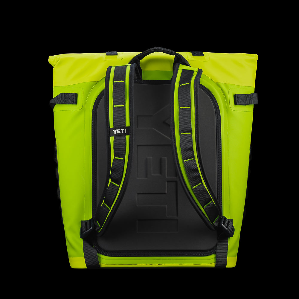Rear view of the SWAG Golf x YETI Hopper M20 backpack soft cooler featuring padded backpack straps and breathable back panel.