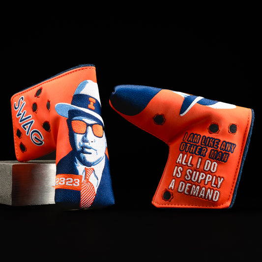 Big Al mugshot orange with navy and white blade putter golf club head cover made in the USA.